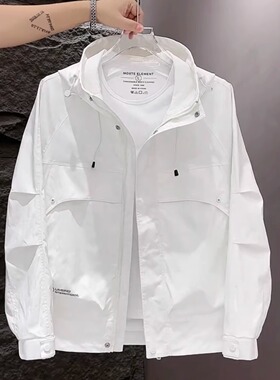 男士秋季连帽工装夹克2025新款时尚潮流百搭青年白色色痞帅外套潮