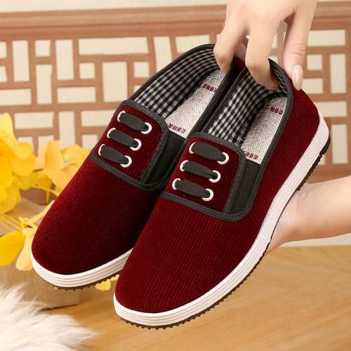 春款松紧布鞋灯芯绒黑布鞋男女老北京休闲脚蹬千层厚底懒人妈妈鞋