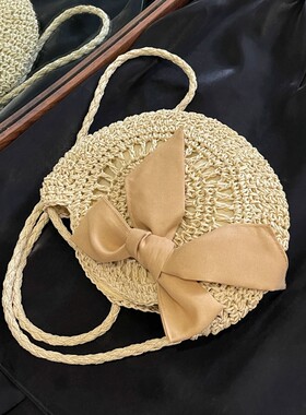 小清新编织小圆包海边斜挎草编包