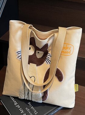 刺绣卡通猫咪帆布袋大容量托特包
