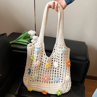 编织镂空腋下包包女2025新款 夏季 毛线花朵针织包大容量单肩托特包