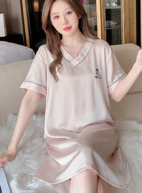 睡衣女夏季薄款冰丝短袖性感丝绸女夏天感家居服v领简约宽松