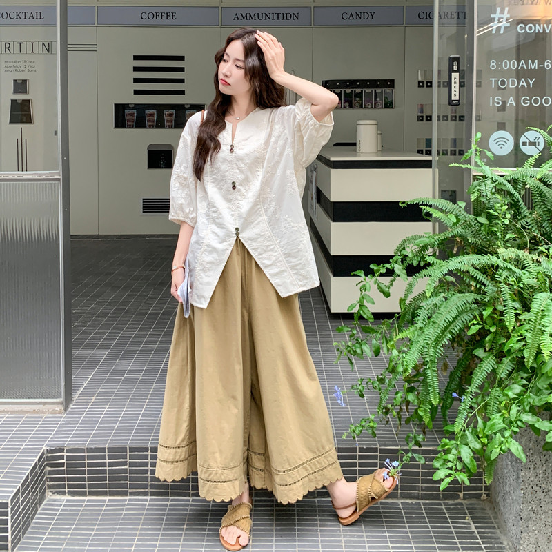 文艺刺绣衬衫套装女2025年夏季新款气质时尚高腰显瘦阔腿裤两件套,女装套装/套裙,2C182