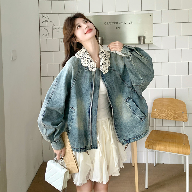 蕾丝领可拆卸牛仔短外套宽松版型9007P175控288,女装短外套,2C182
