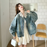 蕾丝领可拆卸牛仔短外套宽松版型9007P175控288，女装短外套，2C182