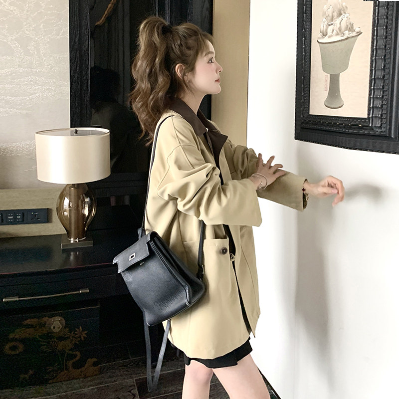 数据好 格子拼接风衣外套F358P155控238图片