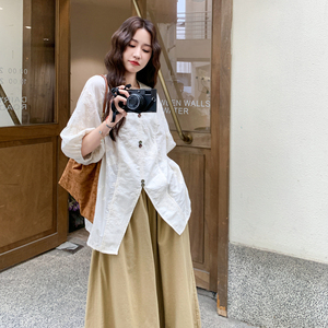 文艺刺绣衬衫套装女2025年夏季新款气质时尚高腰显瘦阔腿裤两件套图片