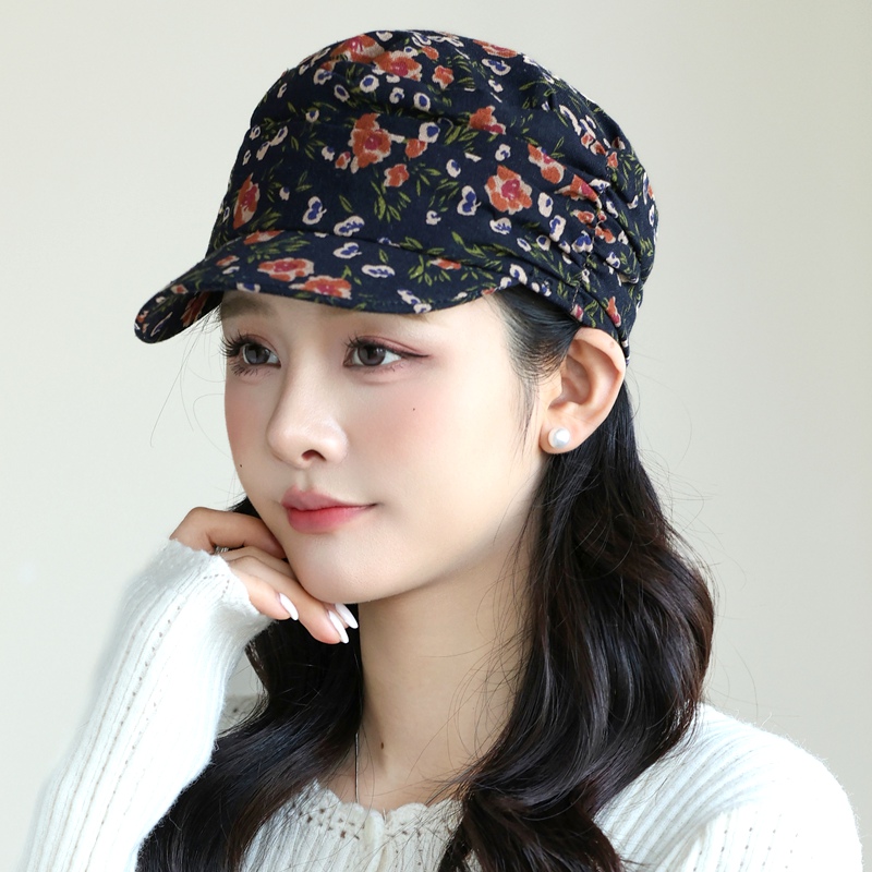 春夏女碎花鸭舌帽子户外休闲骑行遮阳防晒透气布平顶帽花朵套头帽
