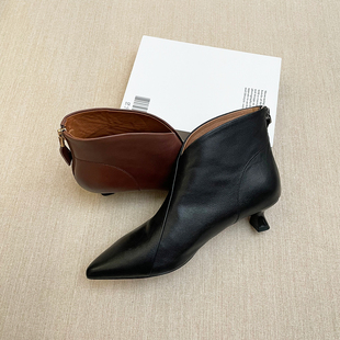 小牛皮 跟高4/5.5CM 秋冬季法式复古气质显瘦中高跟尖头真皮短靴