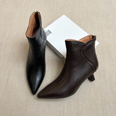 羊皮 跟高5CM 秋冬季经典百搭气质尖头细跟高跟浅色杏色真皮短靴
