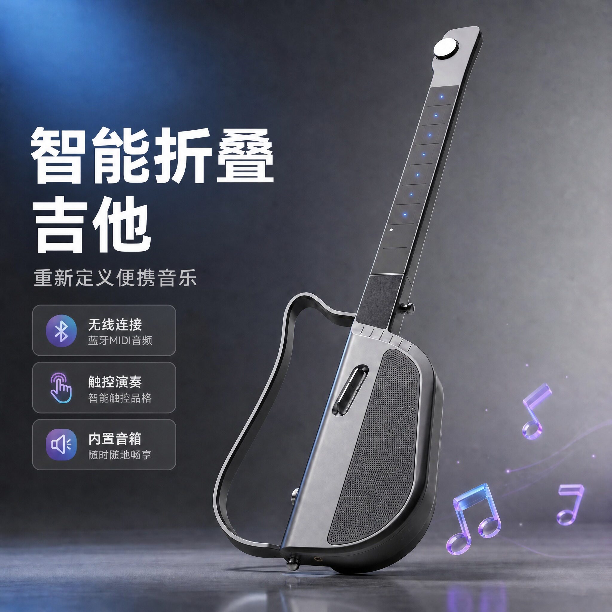 智能折叠无弦吉他 自带扬声器智能伴奏 静音便携可折叠 新手吉他