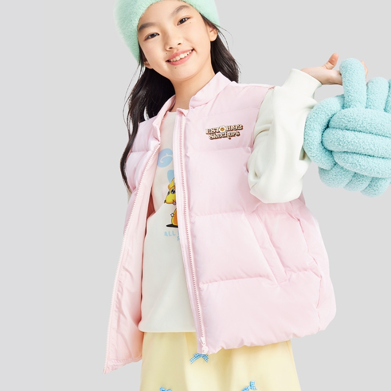Skechers斯凯奇冬季女童简约舒适保暖梭织羽绒背心马甲L424G036