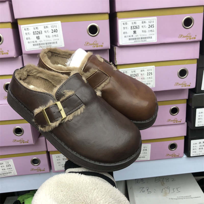 品牌撤柜2025冬季加绒勃肯鞋女包头拖鞋外穿防滑保暖懒人棉拖鞋