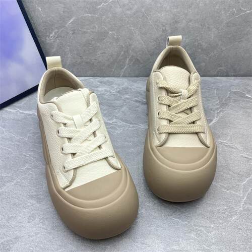 丑萌面包鞋女2025春季新款圆头真皮厚底休闲板鞋增高娃娃头小白鞋