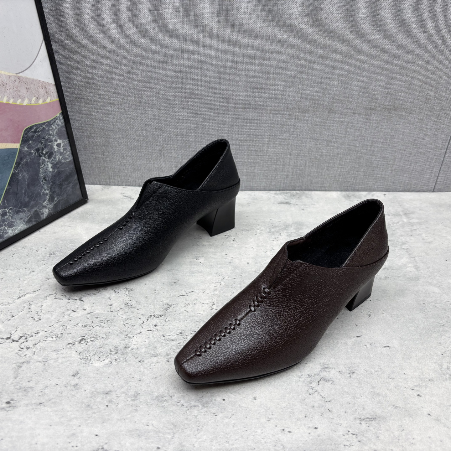 韩版方头深口单鞋女真皮粗跟