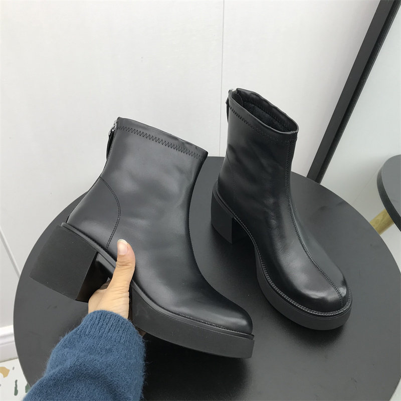 品牌撤柜清仓处理2021冬款女鞋圆头高跟牛皮时尚加绒后拉链时装靴