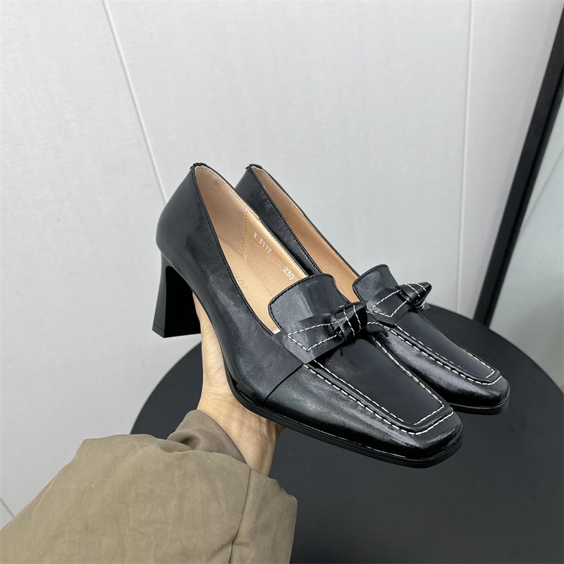 品牌撤柜清仓处理2024春款女鞋方头高跟真皮浅口蝴蝶结浅口女单鞋