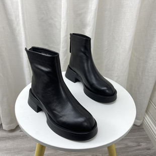 品牌撤柜清仓处理2023冬款女鞋圆头中跟牛皮加绒淑女气质拉链短靴