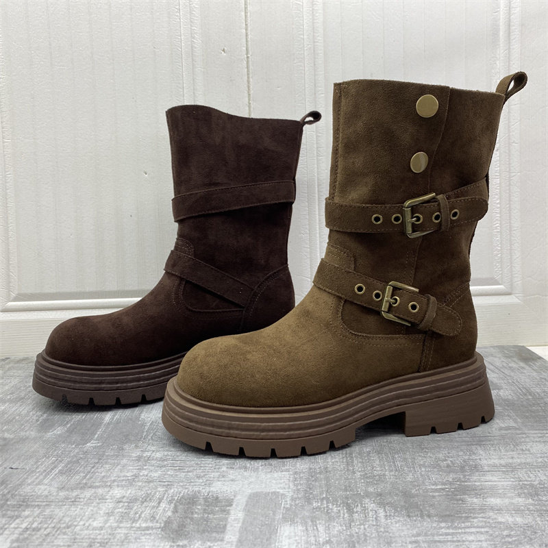 2025圆头真皮扣机车靴女中筒靴粗跟磨砂面金属扣环时尚舒适短靴女