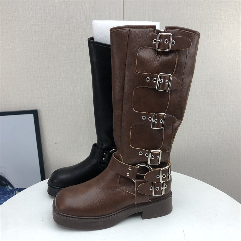 低跟(1-3cm)复古风骑士靴皮带扣