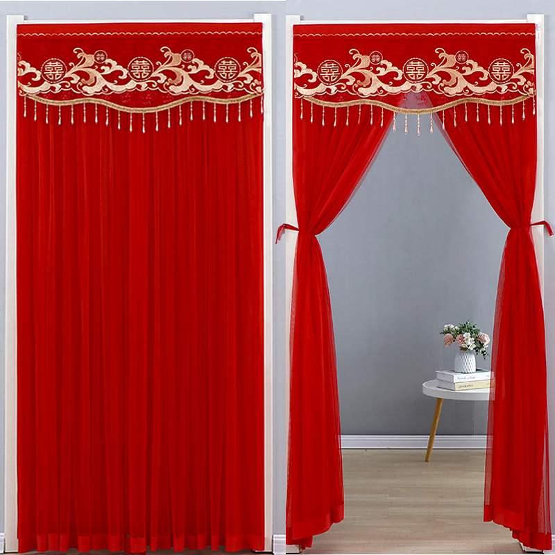 防蚊纱结婚红门帘卧室婚房公主蕾丝双层帘结婚喜庆夏季家用免打孔