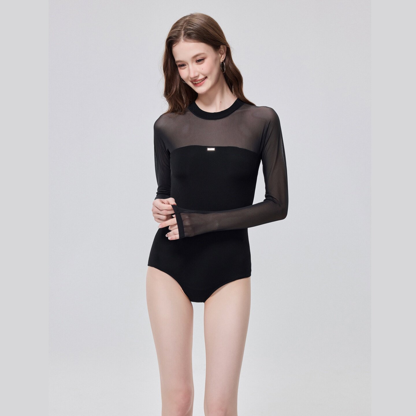 遇见MEETING性感风网纱长袖连体泳衣女黑色透视收腹紧身美体泳装