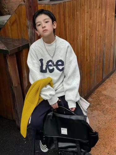 110-160加厚卫衣加绒L字母一体绒男童女童韩版休闲圆领套头卫衣潮