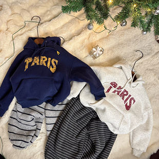 110-150字母连帽卫衣加厚一体绒男童女童宽松韩版纯棉休闲羊驼绒