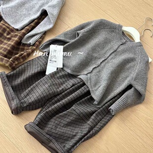 110-150毛衣男童女童秋款外套单排扣针织衫纯棉毛衣圆领格子裤潮