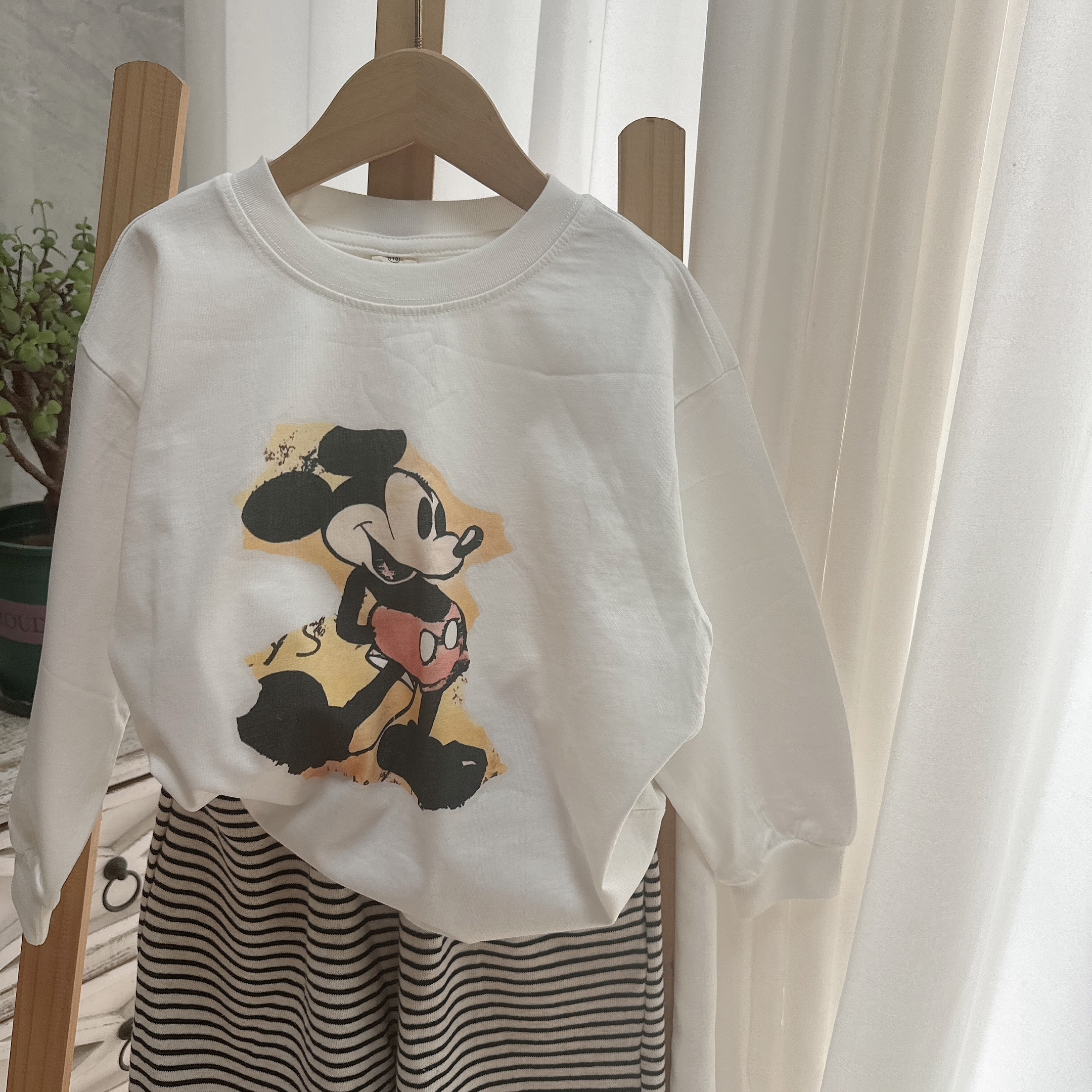 110-150米奇T恤长袖打底衫春款纯棉圆领卡通男童女童宽松韩版可爱