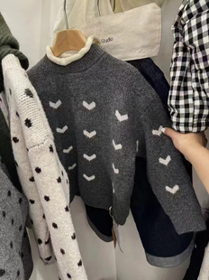 110-150加厚一体绒毛衣高领小爱心针织衫男童女童燕麦色加厚德绒