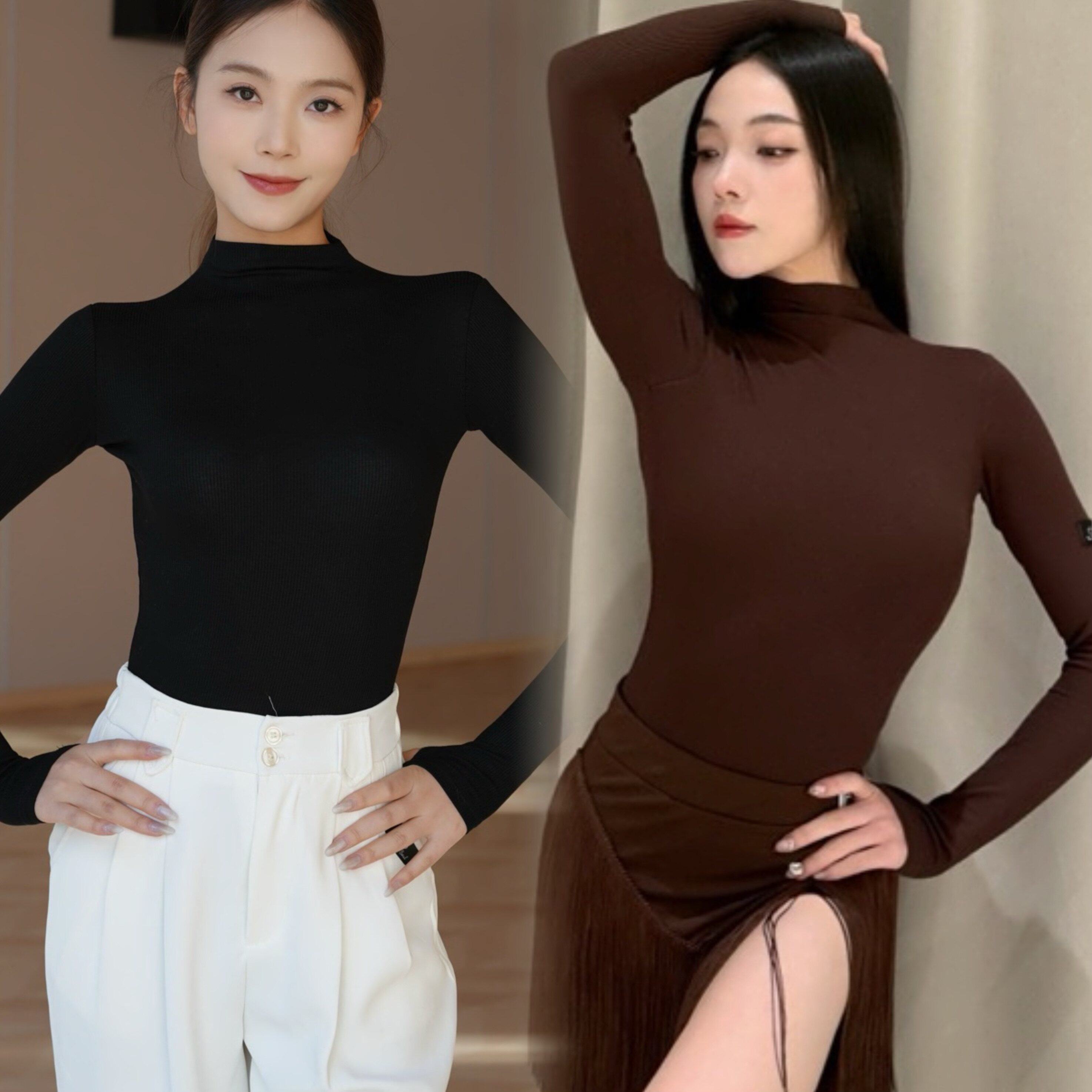 Min舞服Alei螺纹针织小高领长袖上衣拉丁摩登练功服秋冬教师教课