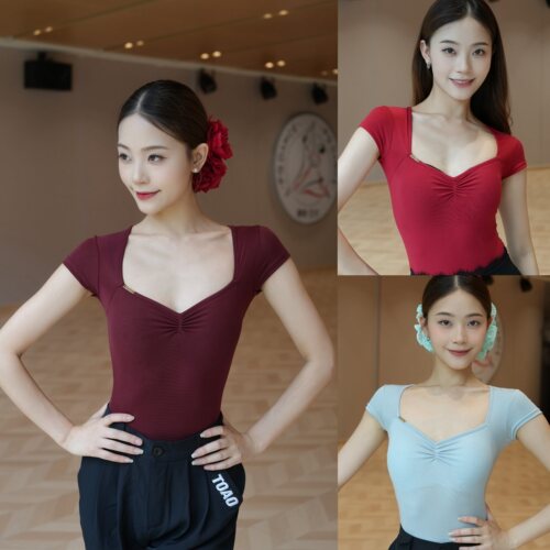 Min舞服Loyal桃心领上衣短袖含胸垫舞蹈服拉丁摩登练功服女士成人