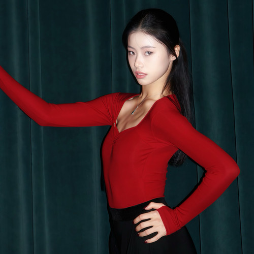 Loyal舞服桃心领长袖上衣含胸垫舞蹈服拉丁摩登练功服女士成人