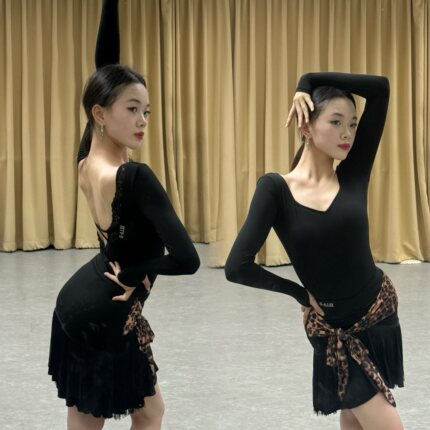 Min舞服Ella方领蕾丝露背连体衣长袖上衣拉丁练功服女士