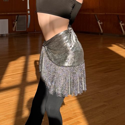 KM舞服亮面流苏臀巾一片式拉丁舞裙练功服百搭荷叶边流苏裙