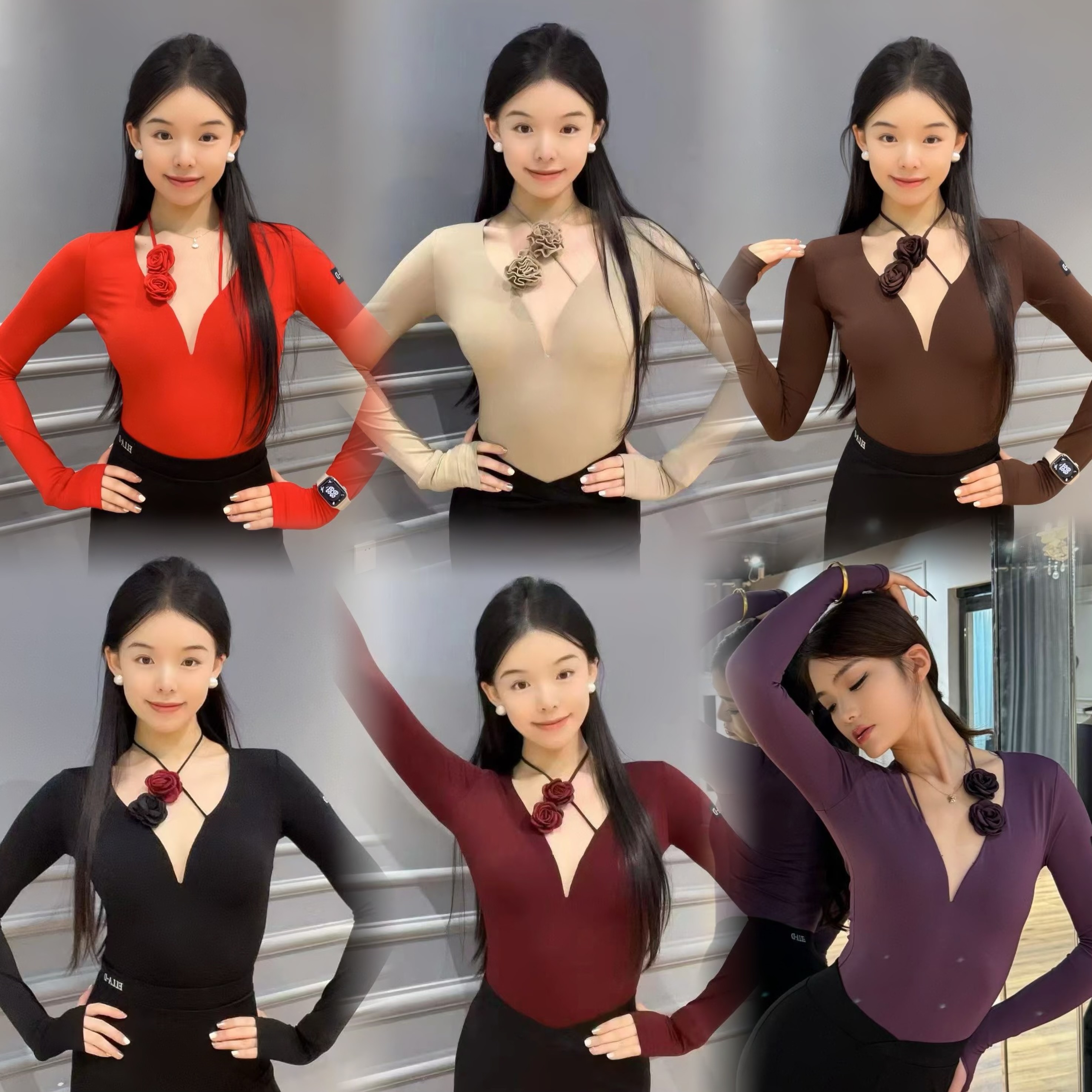 Ella拉丁舞服迷离玫瑰长袖连体上衣秋冬练功服女士成人