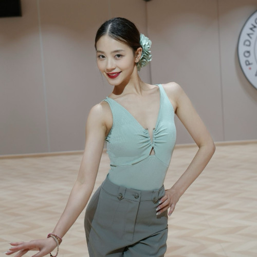 Min舞服Alei金属V领薄荷绿色上衣吊带连体衣春夏新款练功服女成人