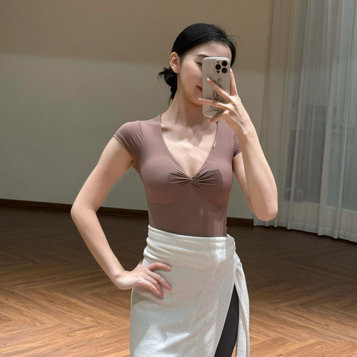 Min舞服Loyal扭结V领短袖连体上衣体操服拉丁练功服女成人夏季