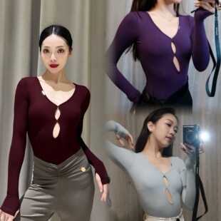 Min舞服Loyal镂空V领长袖上衣罗纹秋冬舒适练功服拉丁女士成人