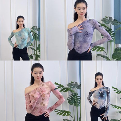 Zove舞服蝴蝶印花斜肩网纱上衣连体衣带胸垫练功服女士成人