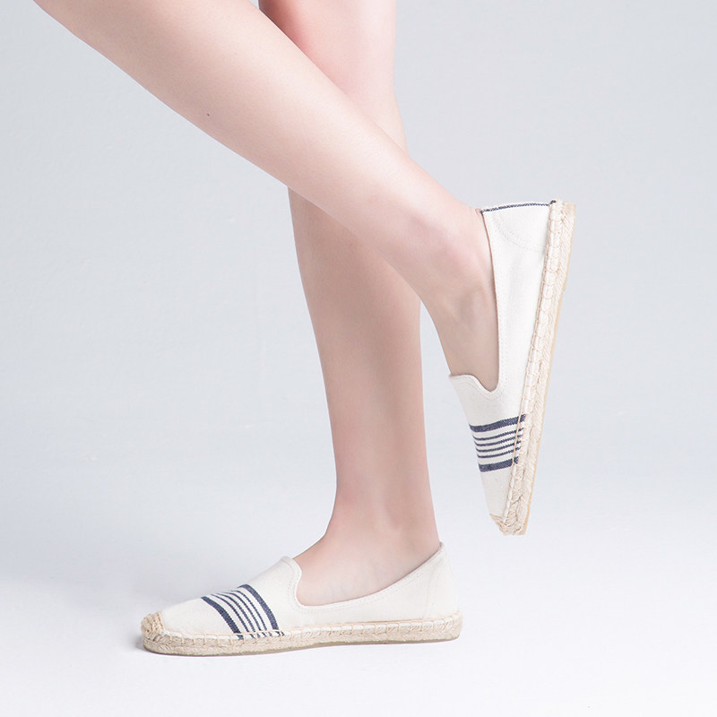 平底鞋单鞋渔夫鞋女夏休闲草编布鞋百搭条纹浅口女鞋一脚蹬懒人鞋