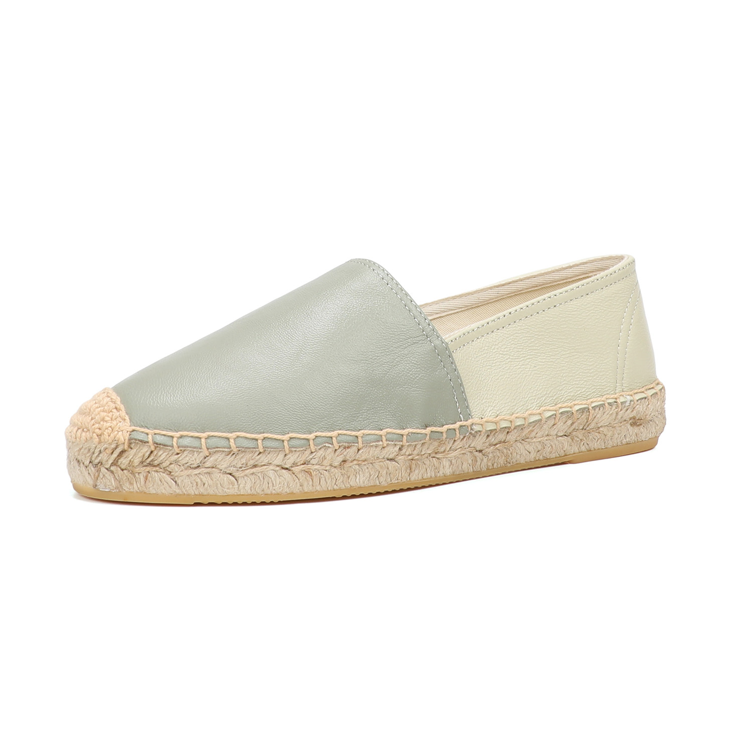 春秋百搭草编渔夫鞋女25新款羊皮拼色懒人一脚蹬鞋子设计感小众