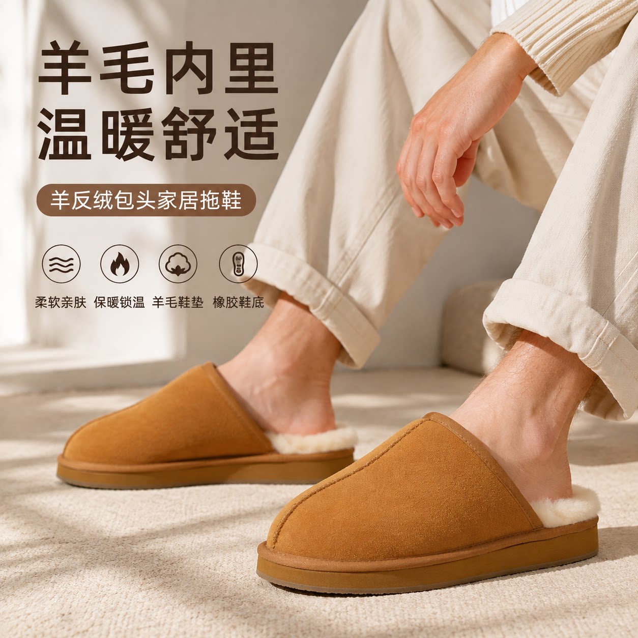 男士羊反绒羊毛拖鞋秋冬