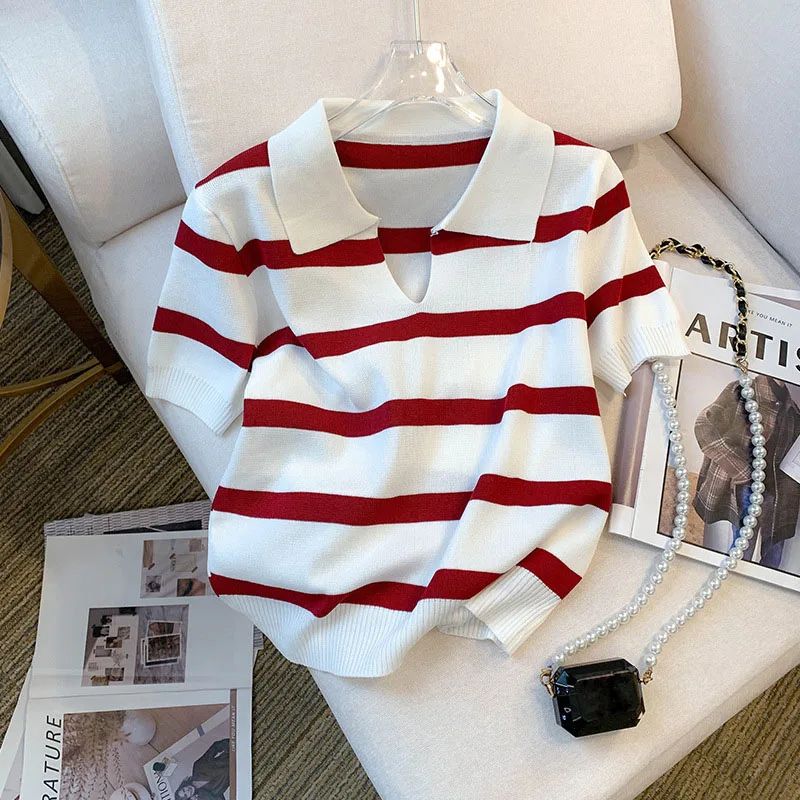 New Striped Pattern Collared Sweater Versatile Short Sleeve