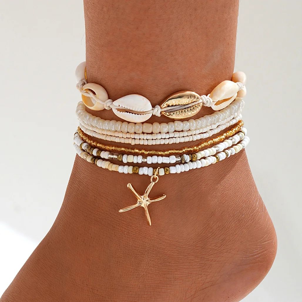 7pc/set Bohemian Rice Beads Starfish Pendant Anklet Set Fash