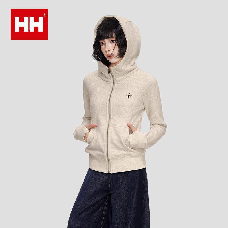 官方正品HH灰色拉链连帽卫衣外套女秋冬修身短款正肩加厚加绒开衫