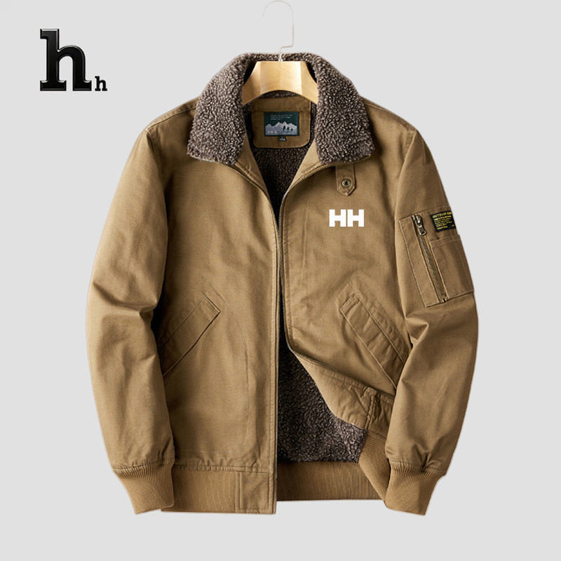 正品HH冬季翻领夹克男短款加绒工装棉衣休闲大码防寒保暖外套
