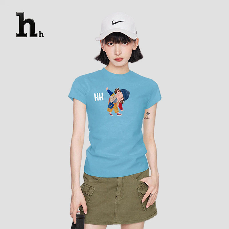 正品HH女士美式蓝色印花正肩短袖t恤夏正品紧身修身显瘦上衣
