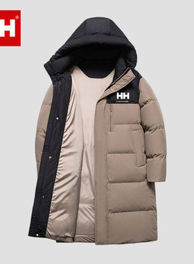 HH羽绒服男女款冬季连帽撞色过膝修身时尚中长款保暖外套